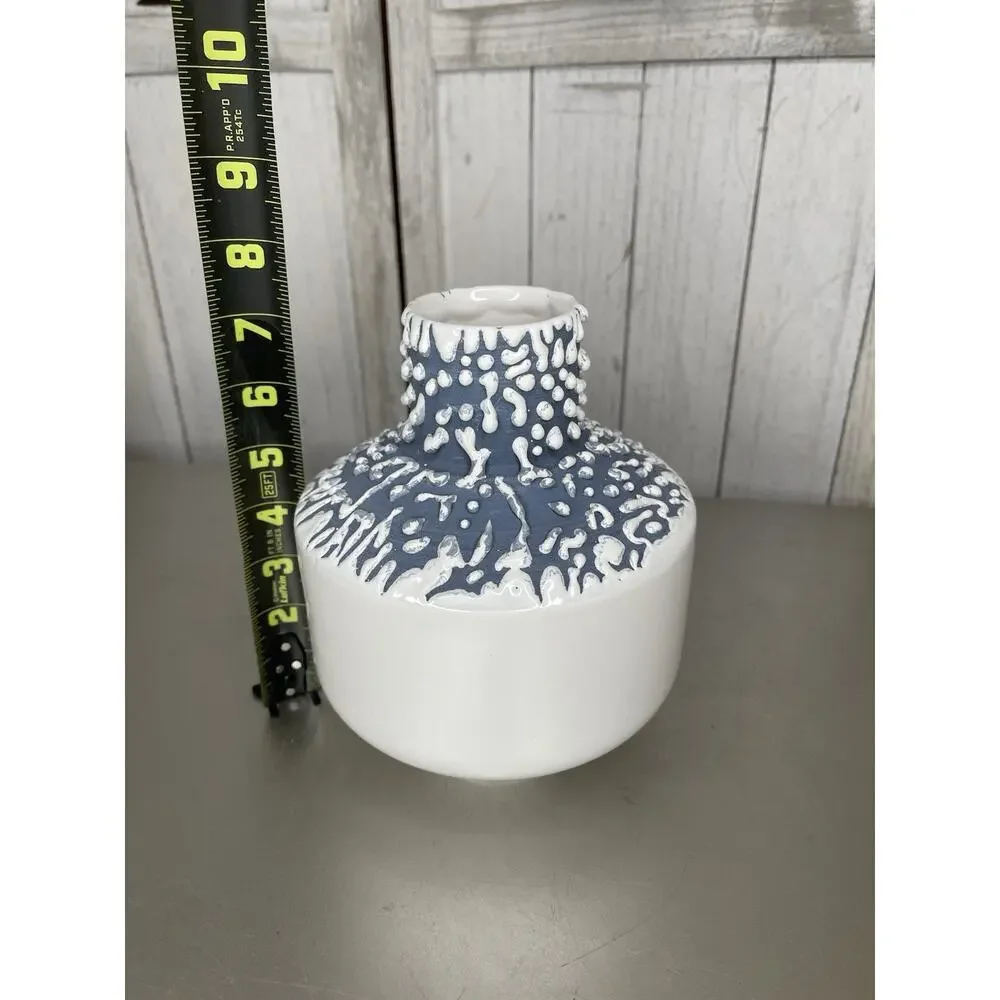 Crate & Barrel White and Blue Textured Drip Ceramic Vase Nautical Decor Portugal